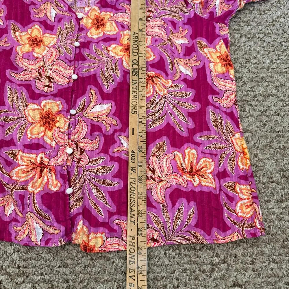 Textured Stripe Floral Puff Sleeve Button Down V-Neck Loft 100% Cotton Blouse
